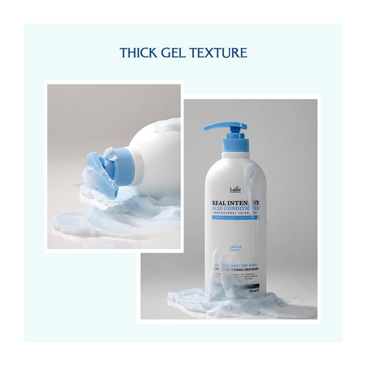 A white pump bottle of Labr Real Intense High Converting Gel with a blue pump, shown alongside a close-up inset of thick blue gel dripping from the bottle. The image has a light blue border with the text &