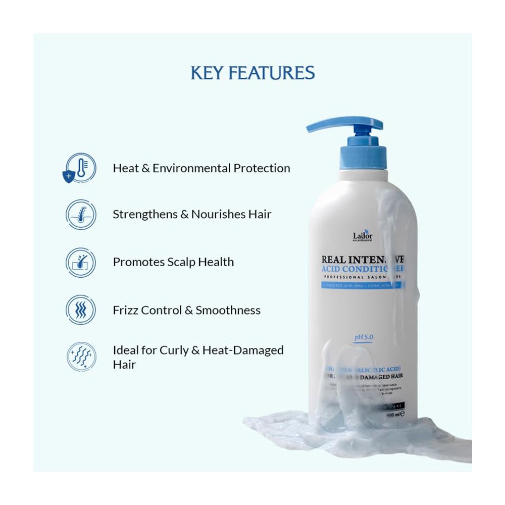 A bottle of Labré Real Intention Acid Conditive hair conditioner displayed next to a list of key features on a pale blue background.