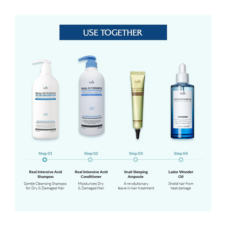A product use-together infographic showing four hair care items arranged in a sequence labeled Step 01 to Step 04 on a pale blue background. The products are a white pump bottle of Real Intensive Acid Shampoo, a white pump bottle of Real Intensive Acid Conditioner, a gold tube of Snail Sleeping Ampoule, and a blue dropper bottle of Lador Wonder Oil.