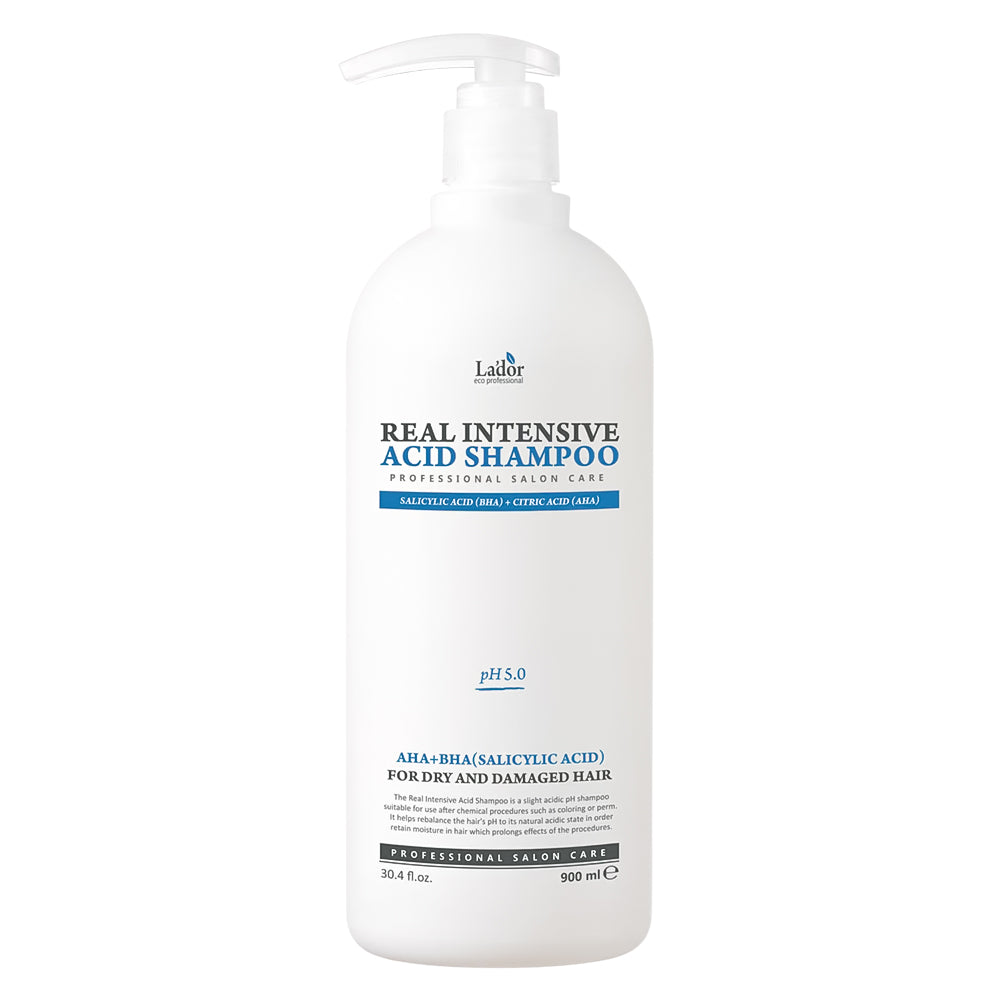 A 900 ml white pump bottle of Lauder Real Intensive Acid Shampoo on a solid white background.