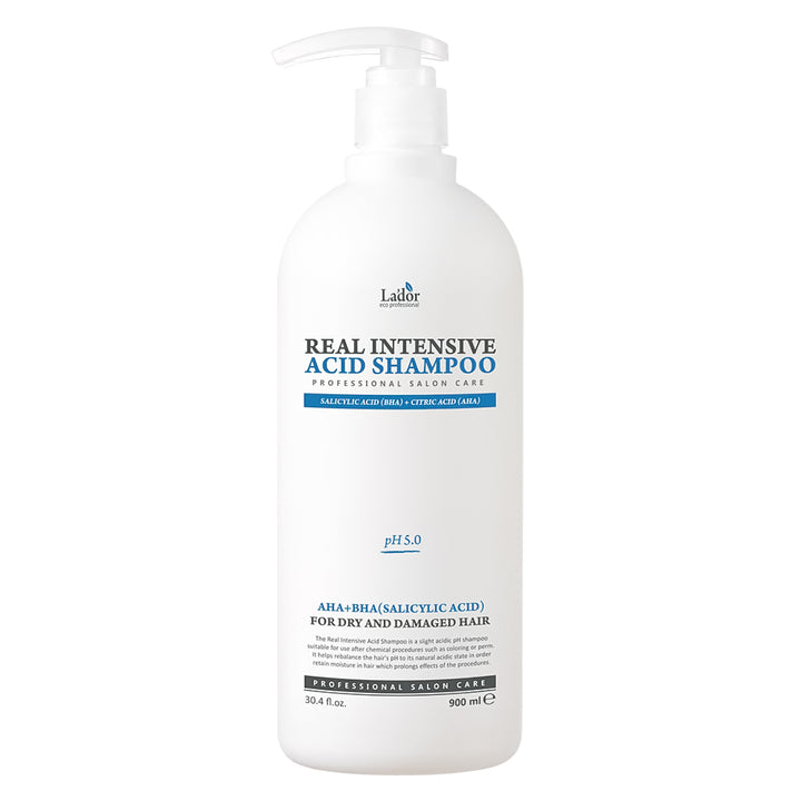A 900 ml white pump bottle of Lauder Real Intensive Acid Shampoo on a solid white background.