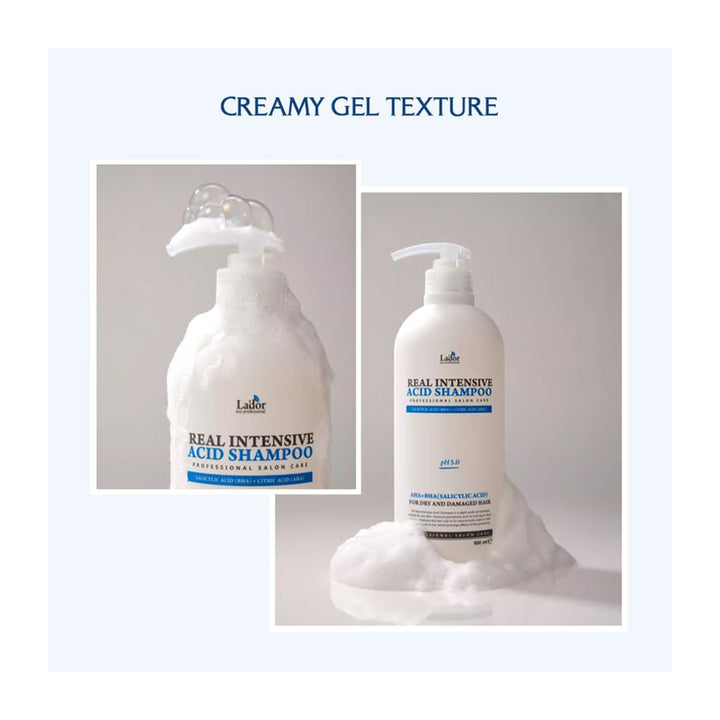 A bottle of LaRue Real Intensive Acid Shampoo shown twice on a light gray background, one inset showing the bottle with a dripping gel/pump and the other showing the bottle with foam at the base. The text &