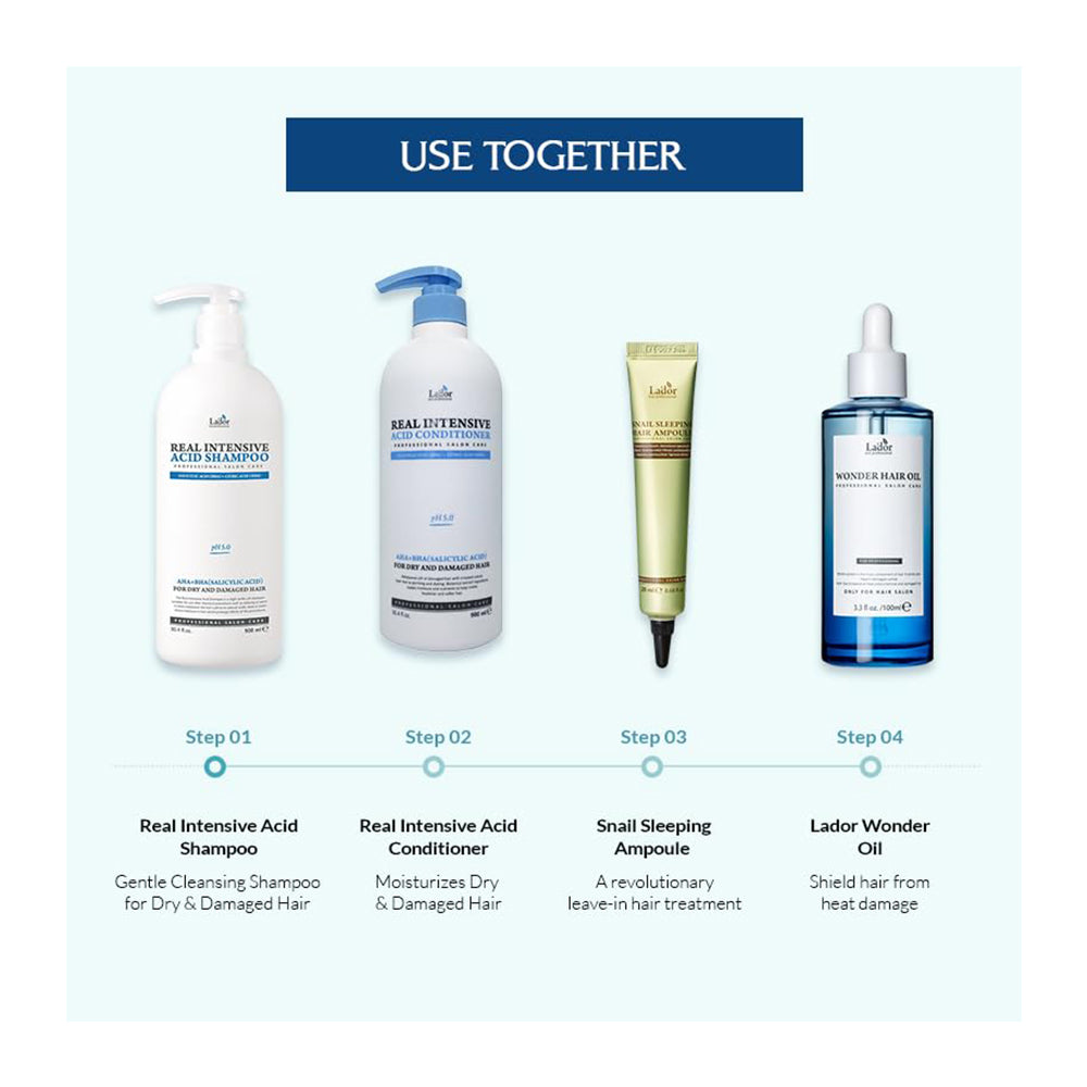 A product use-together infographic showing four hair care items arranged in a sequence labeled Step 01 to Step 04 on a pale blue background. The products are a white pump bottle of Real Intensive Acid Shampoo, a white pump bottle of Real Intensive Acid Conditioner, a gold tube of Snail Sleeping Ampoule, and a blue dropper bottle of Lador Wonder Oil.