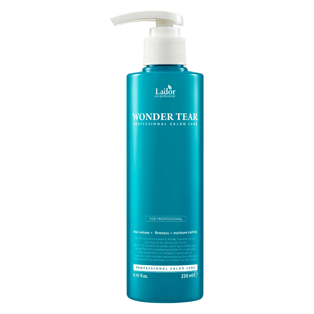 A 250 ml bottle of Lador Wonder Tear Professional Salon Care in a vibrant teal blue color with a white pump dispenser, set against a plain white background.