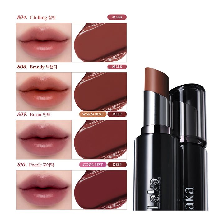 Four shades of makeup lipstick shown with lip swatches and product tubes on a white background: 804 Chilling, 806 Brandy, 809 Burnt, and 810 Poetic. The right side shows two black lipstick tubes with brown and deep berry-brown product visible.