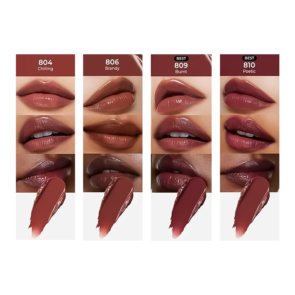 Four vertical lipstick shade panels showing close-up lip swatches and cream swatches for shades 804 Chise, 806 Brandy, 809 Burnt, and 810 Poetic on a white background.
