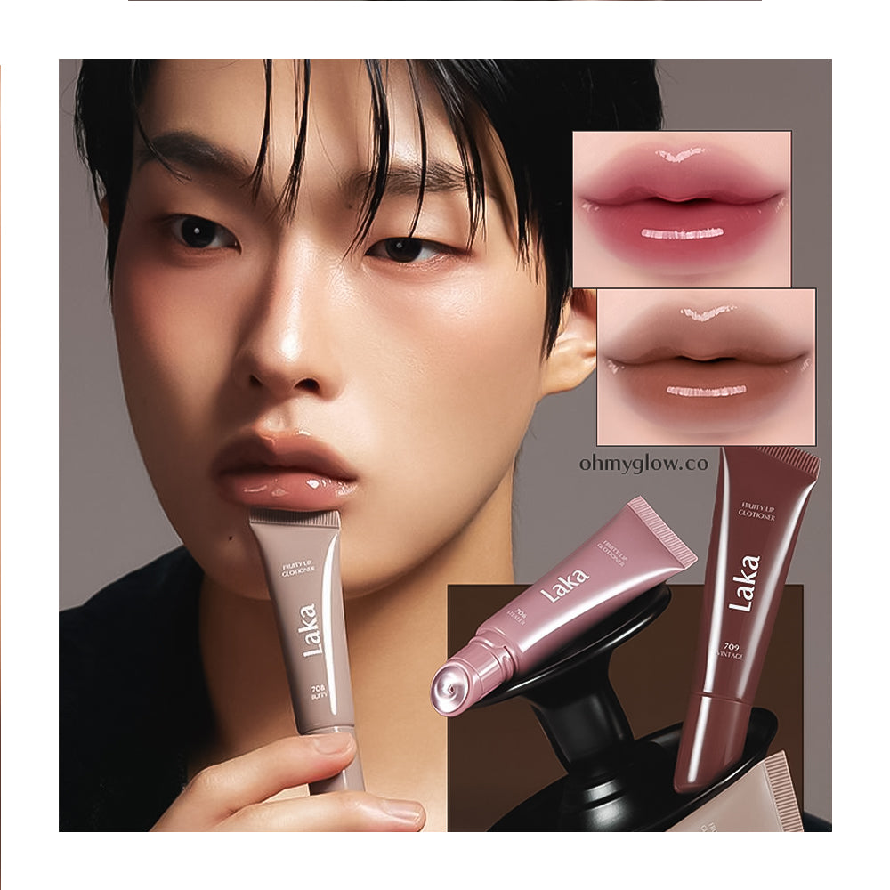 A beauty promotional image featuring a model holding a Laka lip product tube, with two inset close-ups of glossy lips showing the applied color and a second inset showing the tube on a display stand. The Laka brand name is visible on the product.
