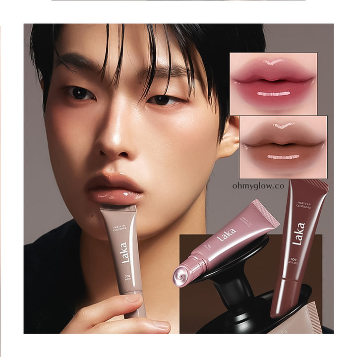 A beauty promotional image featuring a model holding a Laka lip product tube, with two inset close-ups of glossy lips showing the applied color and a second inset showing the tube on a display stand. The Laka brand name is visible on the product.