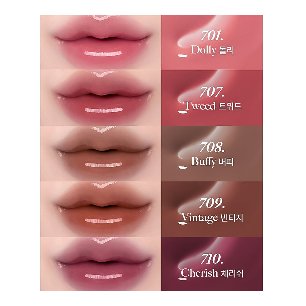 Five lip color swatches shown on lips with shade names and numbers in Korean: 701. Dolly, 707.