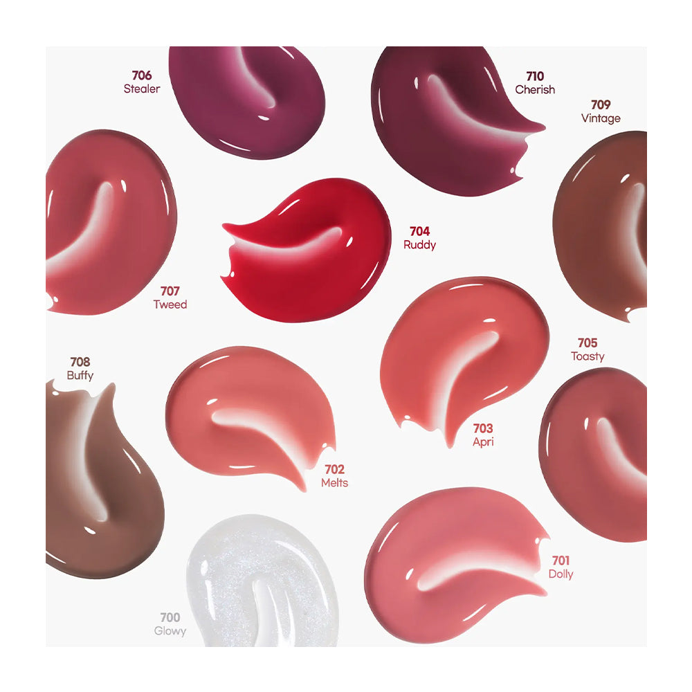 A color chart displaying ten glossy cream swatches of nail polish in various shades, including burgundy, red, pink, brown, and a shimmering silver shade, each labeled with a shade number and name on a white background.