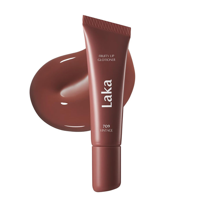 Laka lip gloss tube with a swatch of the product on a white background