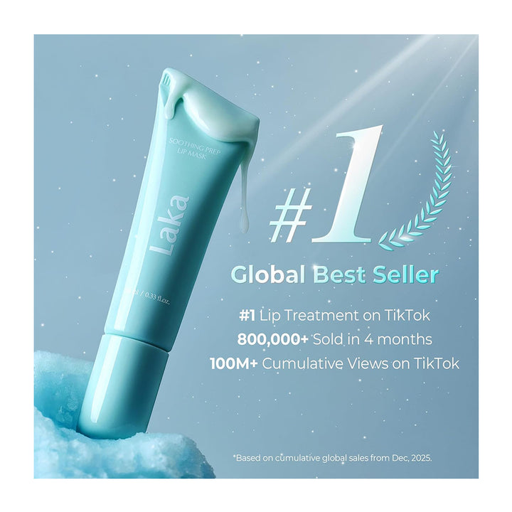 A light blue cosmetic tube labeled Laka stands on a snowy surface against a pale blue background with promotional text reading &