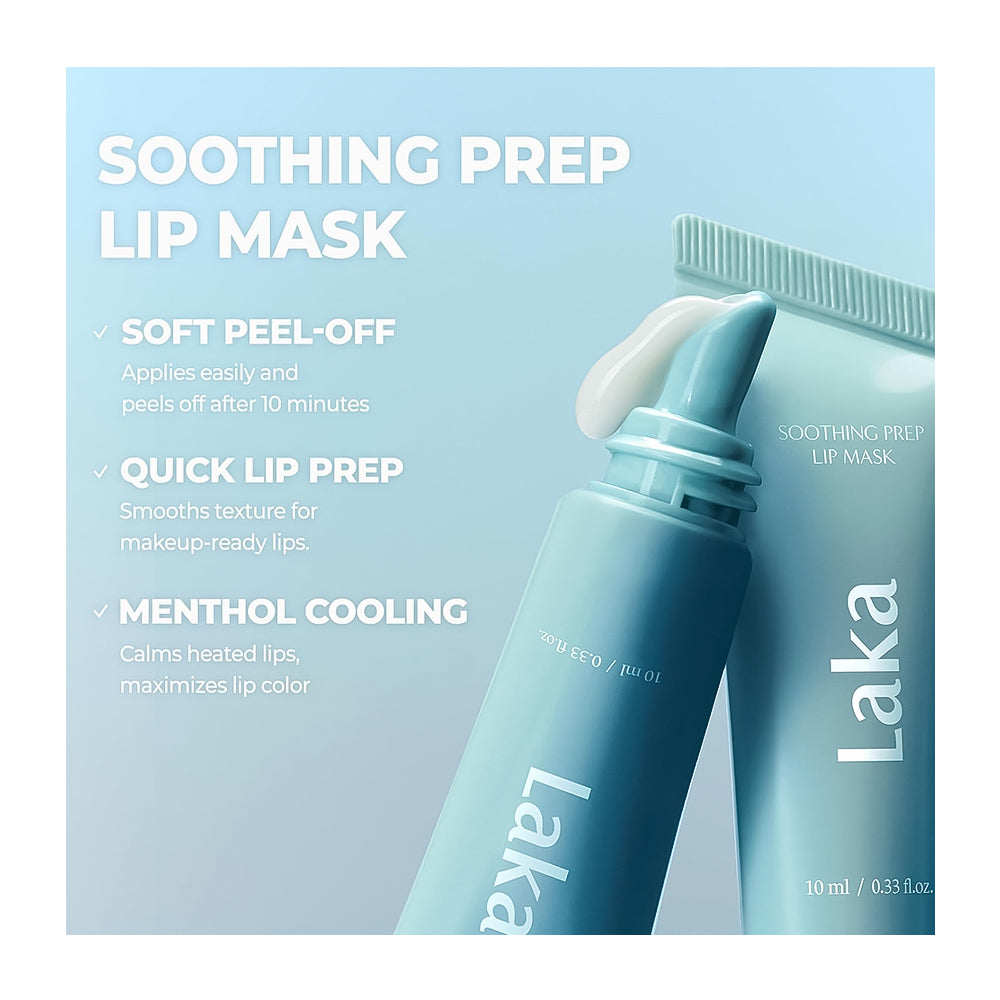 Laka Soothing Prep Lip Mask in a light blue squeeze tube and matching tube packaging, shown with white text describing its soft peel-off, quick lip prep, and menthol cooling benefits on a pale blue background.