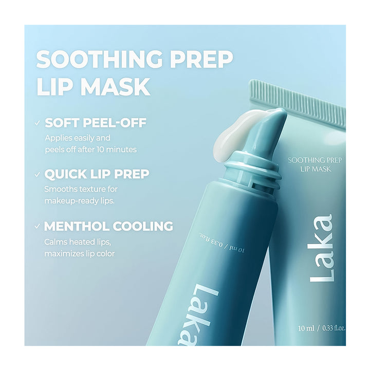 Laka Soothing Prep Lip Mask in a light blue squeeze tube and matching tube packaging, shown with white text describing its soft peel-off, quick lip prep, and menthol cooling benefits on a pale blue background.