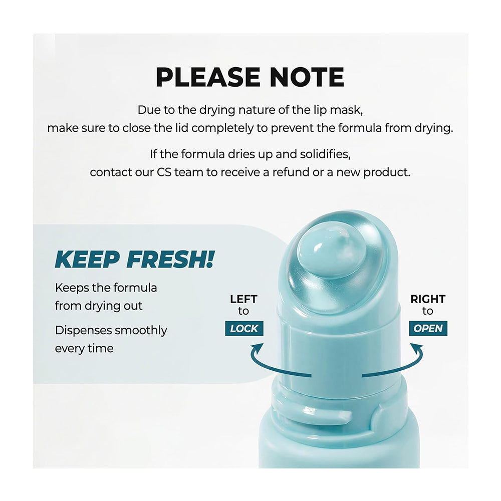 Instruction graphic for a lip mask dispenser showing a close-up of the cap with text explaining how to keep the formula fresh and how to open and lock the dispenser.