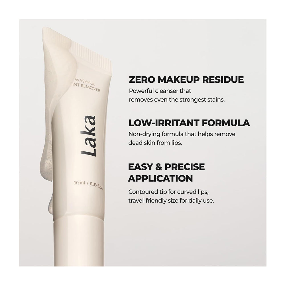 A 10 ml squeeze tube of Laka Makeup Free Remover shown next to three key feature callouts on a light gray background: Zero Makeup Residue, Low-Irritant Formula, and Easy &amp; Precise Application.