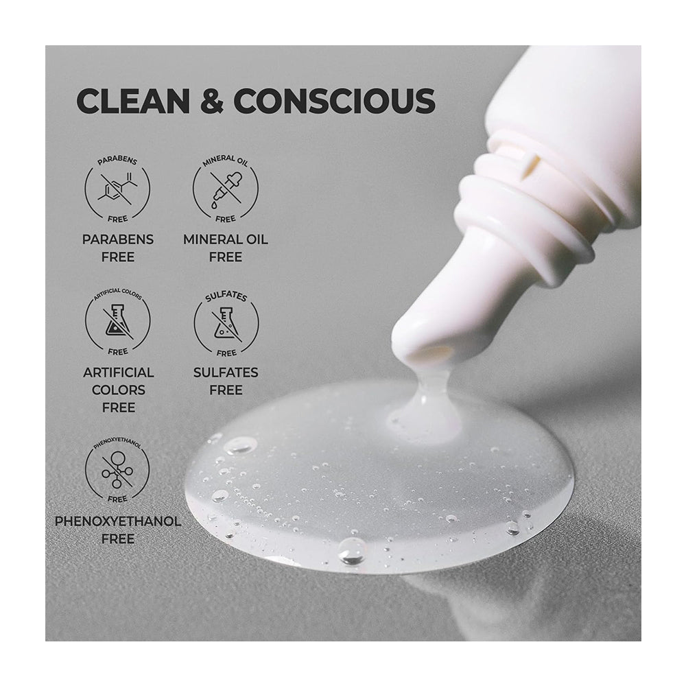A close-up of a white cosmetic tube dispensing a clear gel onto a gray surface, with the headline &