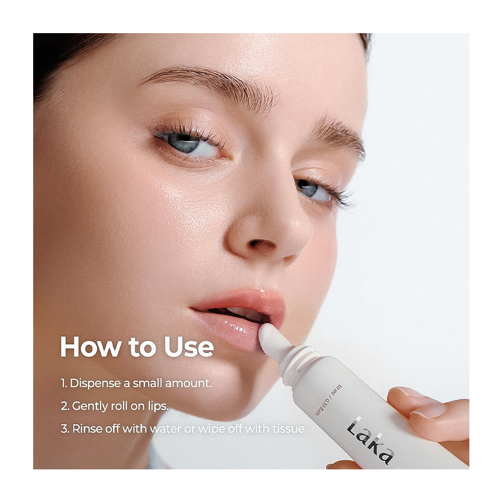 Close-up of a woman applying a lip product from a white tube labeled 'laka' onto her lips, with text reading 'How to Use' and product instructions on a clean white background.