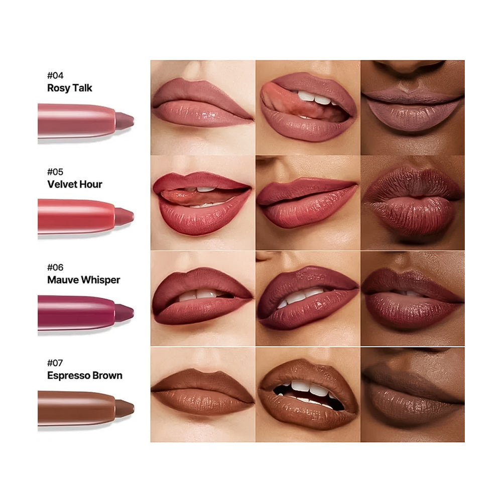 Four lip crayon shades shown with labeled names and swatches on the left, alongside multiple close-up lip examples on the right. The shades are labeled 