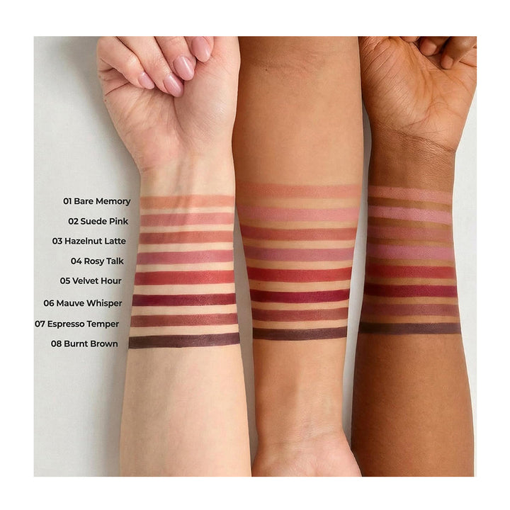 Three forearm swatches display horizontal stripes of makeup color from a palette, labeled with shades including Bare Memory, Suede Pink, Hazelnut Latte, Rosy Talk, Velvet Hour, Mauve Whisper, Espresso Temper, and Burnt Brown.