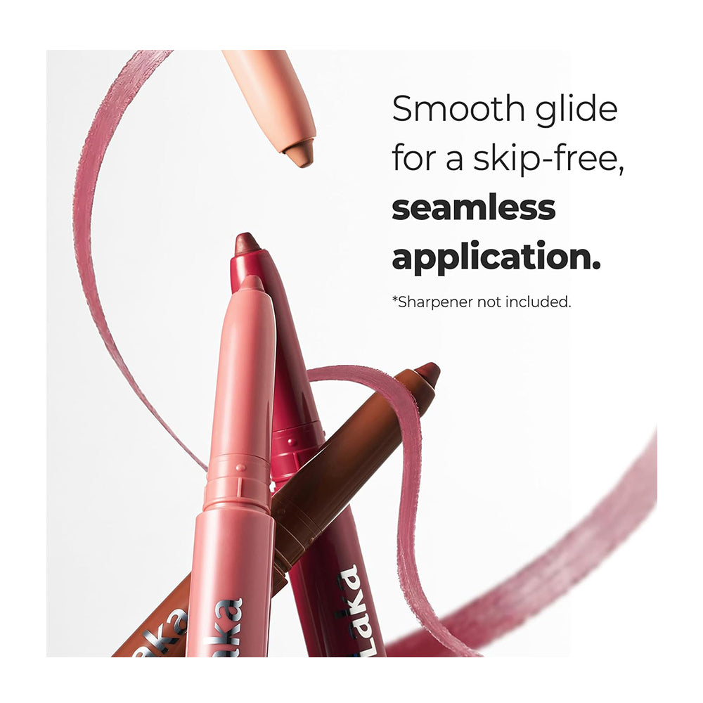 A cosmetic application product shown with several lip-color pencils and a pink smear on a white background, accompanied by the text &