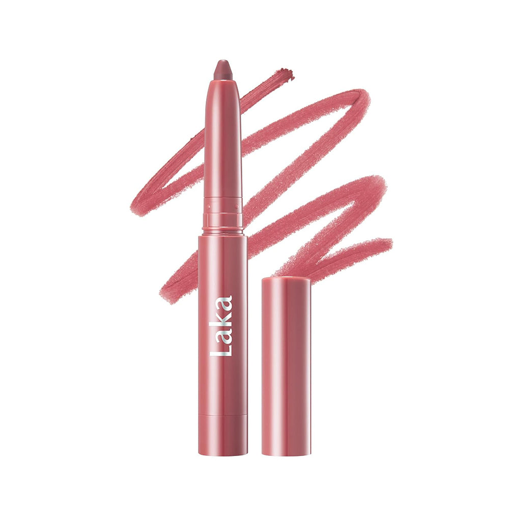 Laka lip crayon in a dusty rose pink shade, shown with its cap off next to a matching pink swatch on a clean white background.