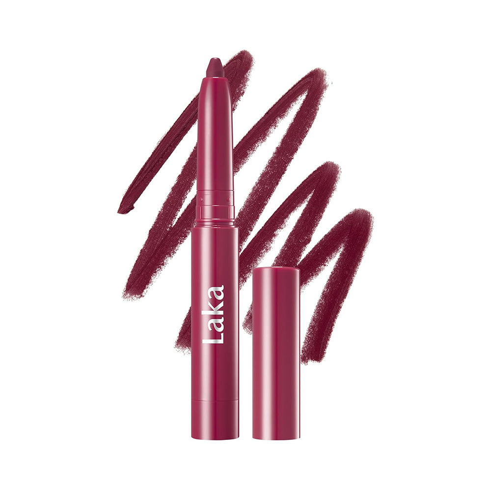 Laka lip crayon in a deep berry plum shade, shown with its cap off next to a matching lip swatch on a clean white background.