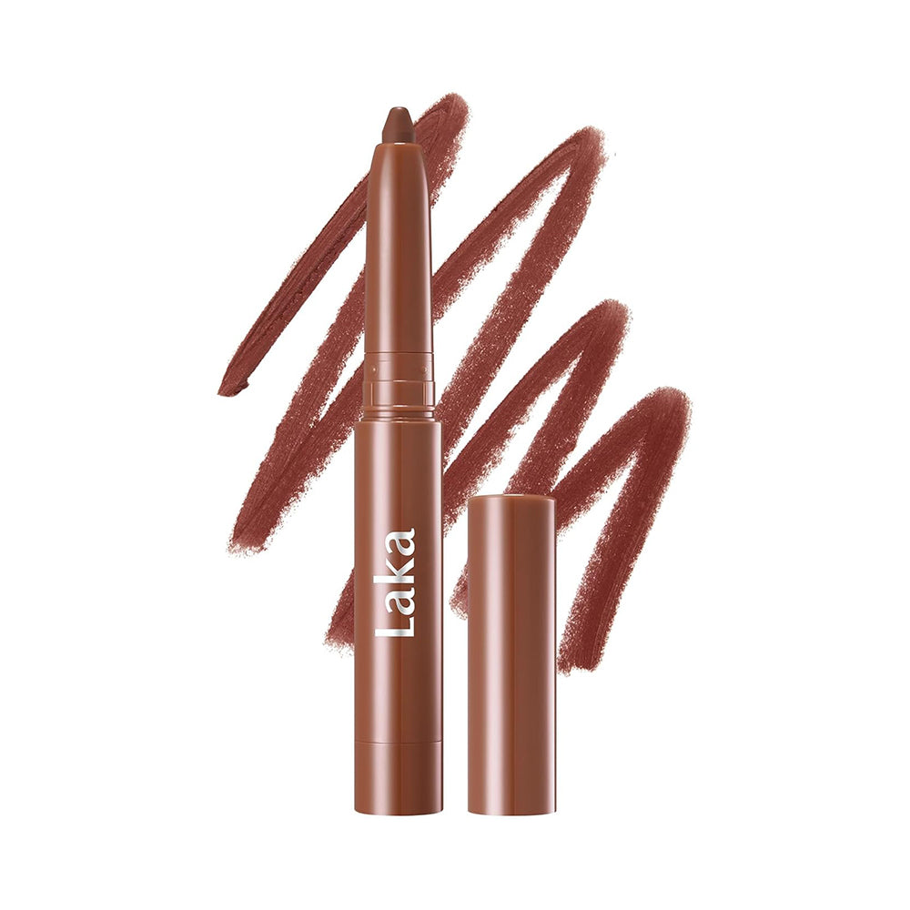 Laka lip liner pencil in a warm brown shade, shown uncapped with its cap beside it and three swatches of the applied color behind it on a white background.