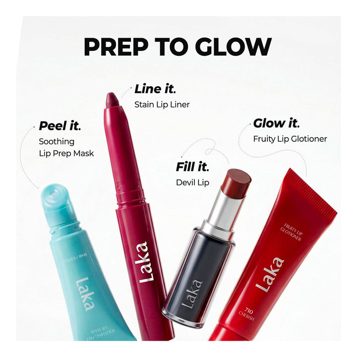 Four Laka lip prep and lip color products arranged on a white background with the headline &