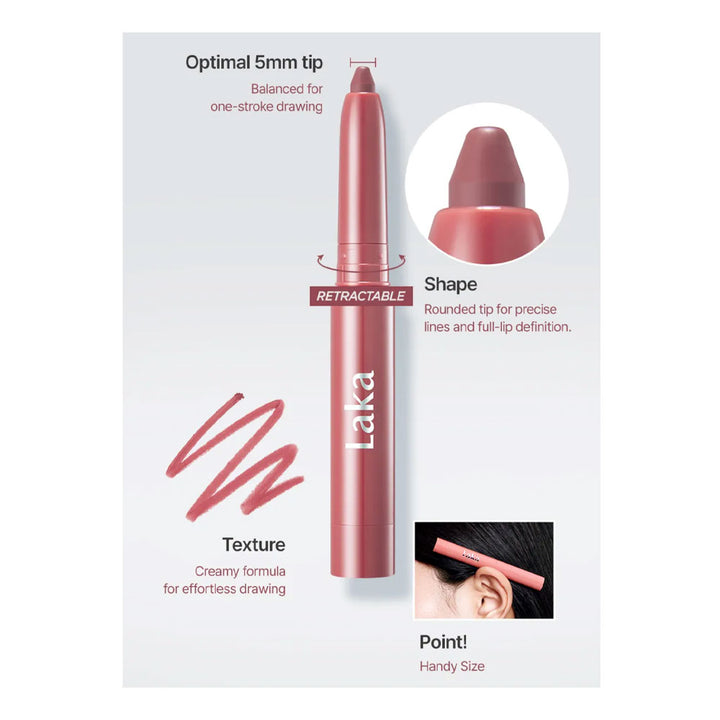 Laka retractable lip liner in a dusty rose pink shade, shown on a light gray background with product feature callouts, a tip close-up, and a swatch of the makeup color.