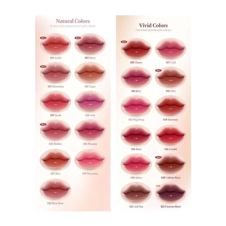 A lip color swatch chart showing two columns of illustrated lips in different shades under the headings &