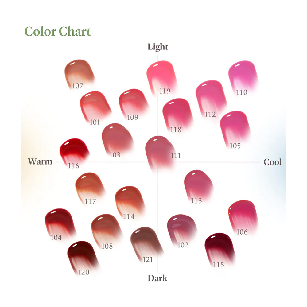 A color chart diagram showing multiple nail polish swatches arranged in a grid with labels for Light, Warm, Cool, and Dark shades, numbered 107 through 120 on a white background.
