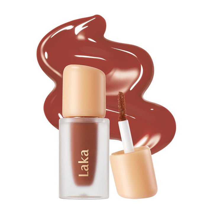Laka lip product with applicator and color swatch on a white background