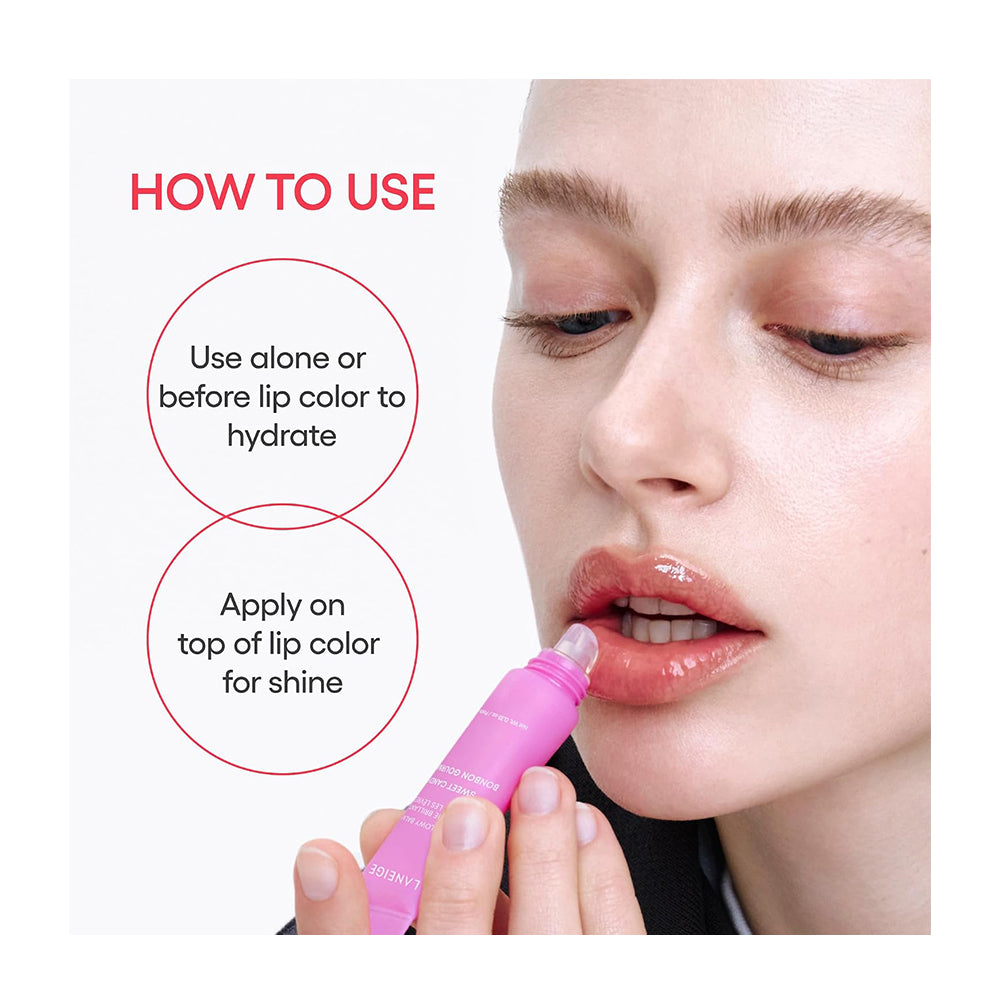 A close-up of a woman applying a pink lip color tube to her lips, with instructional text on a white background reading &