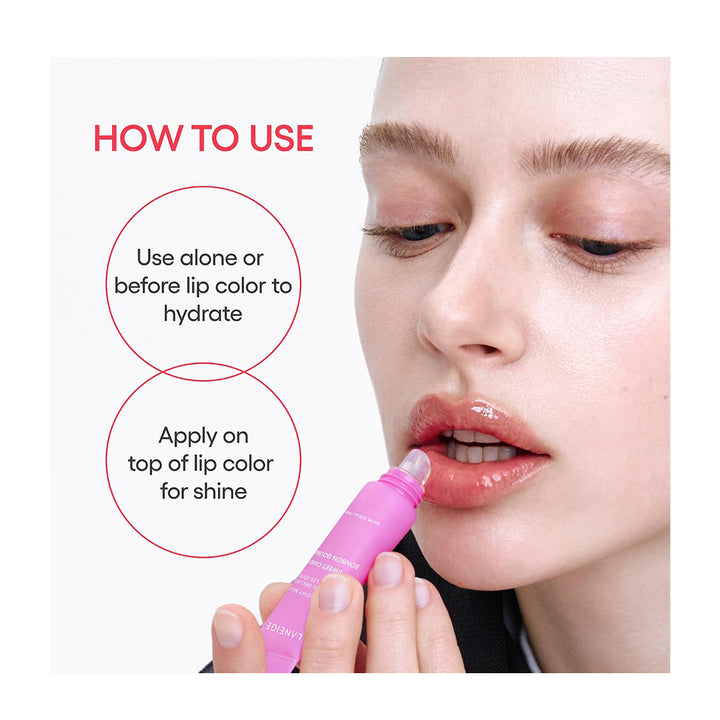 A close-up of a woman applying a pink lip color tube to her lips, with instructional text on a white background reading &