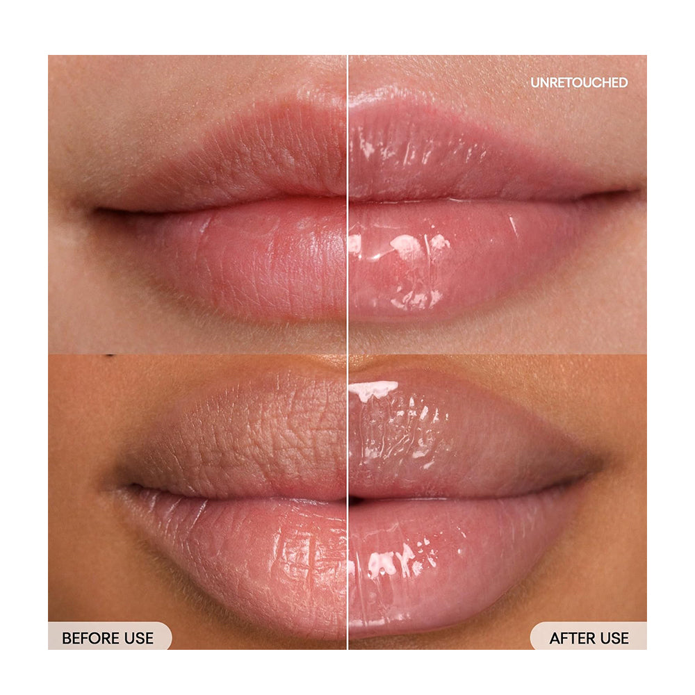 Close-up before-and-after comparison of glossy lip makeup on human lips, with the top panel labeled UNRETouched and the bottom panel labeled BEFORE USE / AFTER USE.