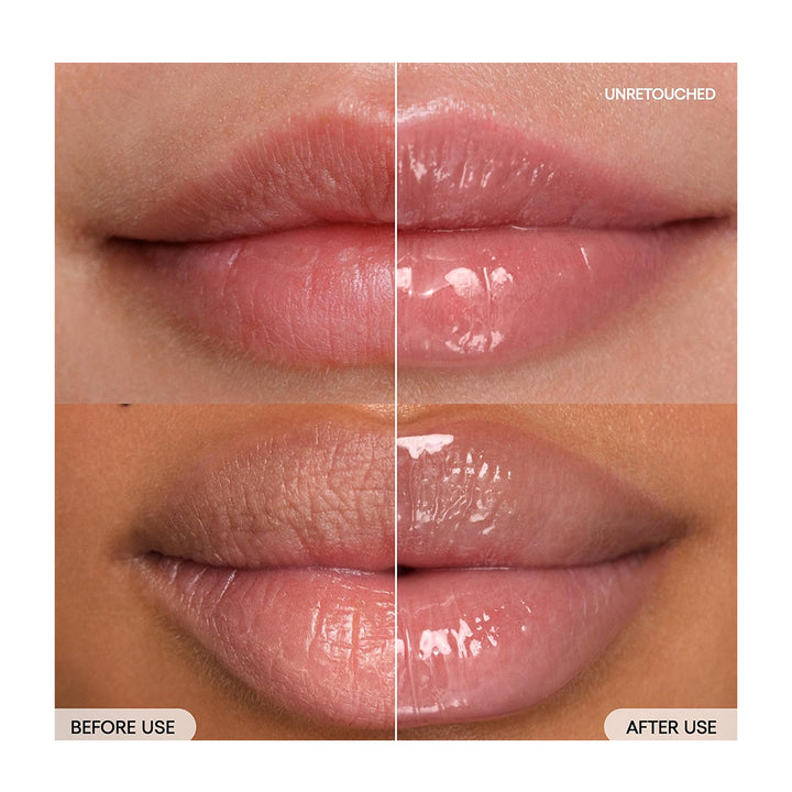 Close-up before-and-after comparison of glossy lip makeup on human lips, with the top panel labeled UNRETouched and the bottom panel labeled BEFORE USE / AFTER USE.