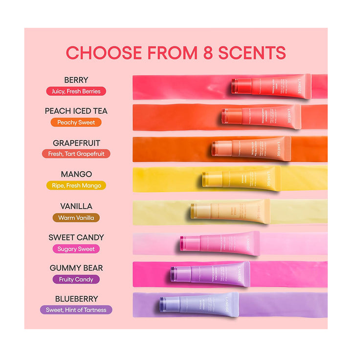 A product color and scent selection chart showing eight scents with corresponding colored tubes and swatches. The scents listed are Berry, Peach Iced Tea, Grapefruit, Mango, Vanilla, Sweet Candy, Gummy Bear, and Blueberry, arranged on a light pink background with the heading &