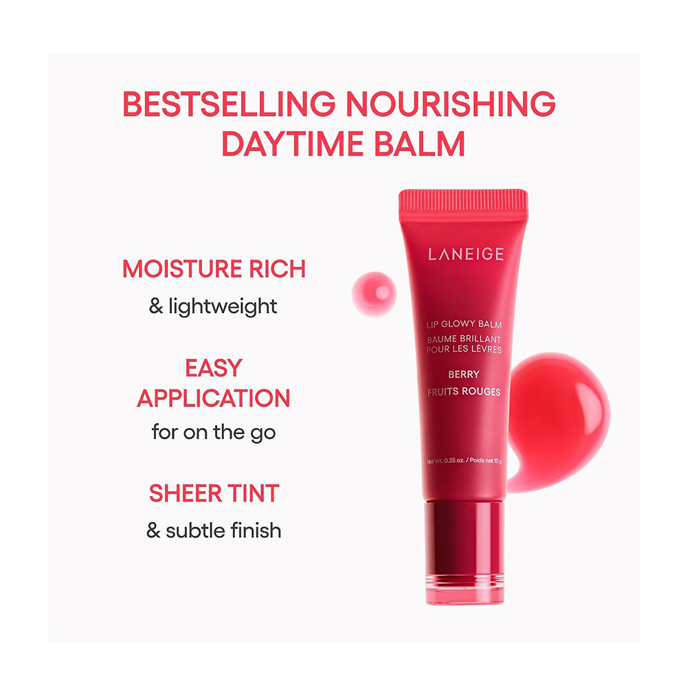 LANEIGE Bestselling Nourishing Daytime Balm lip gloss tube shown on a white background with promotional text and glossy red gloss droplets.