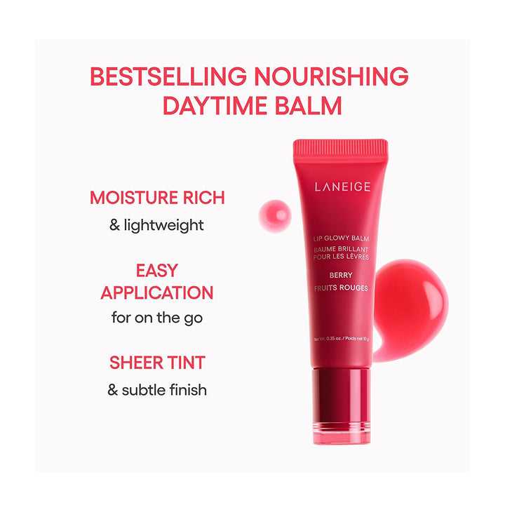 LANEIGE Bestselling Nourishing Daytime Balm lip gloss tube shown on a white background with promotional text and glossy red gloss droplets.