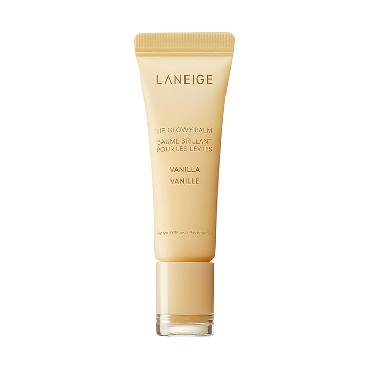 LANEIGE Lip Glowy Balm Vanilla tube, 0.35 oz, in a warm golden-beige color with a clear cap, centered on a white background.