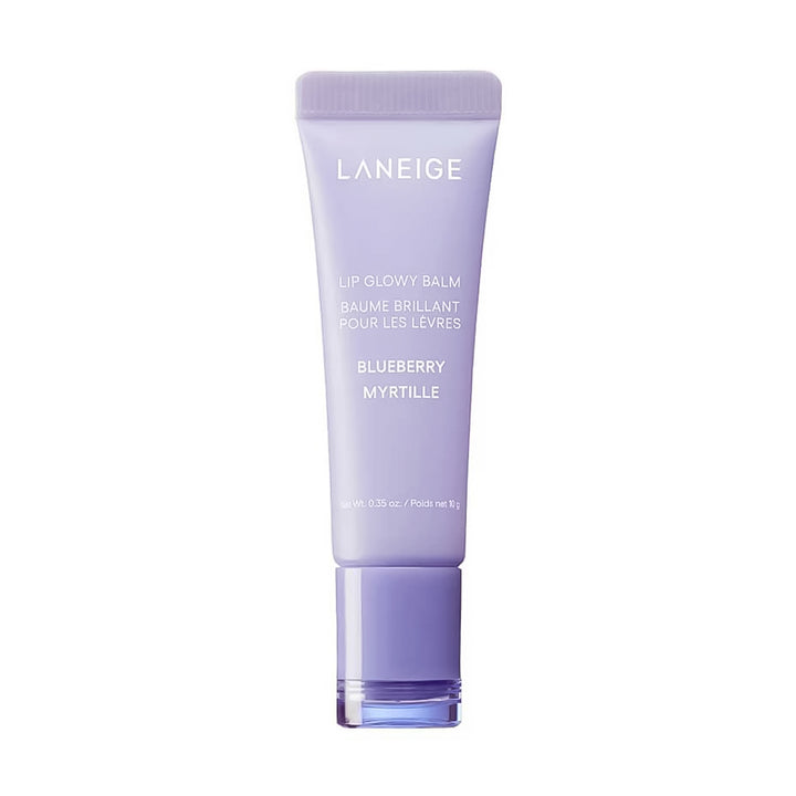 LANEIGE Lip Glowy Balm in Blueberry Myrtile, presented in a lavender squeeze tube with a matching cap on a solid white background.