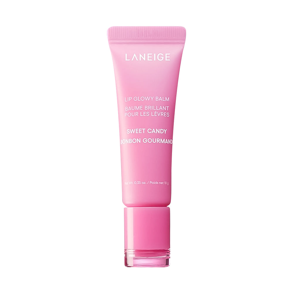 LANEIGE Sweet Candy Lip Glowy Balm in a pink squeeze tube with a matching pink cap, centered on a plain white background.
