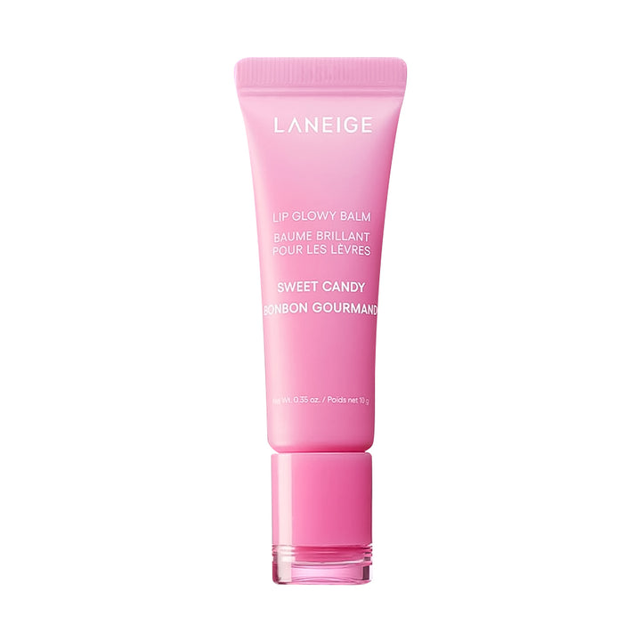 LANEIGE Sweet Candy Lip Glowy Balm in a pink squeeze tube with a matching pink cap, centered on a plain white background.