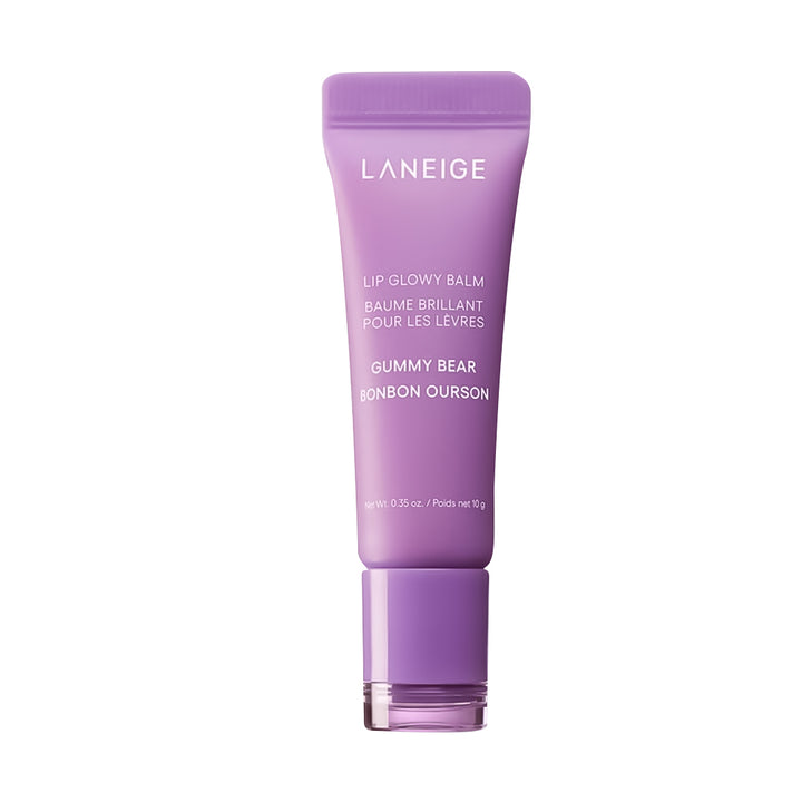 LANEIGE Gummy Bear Lip Glowy Balm in a lavender purple squeeze tube with a matching cap, shown on a plain white background.