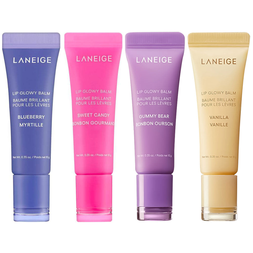 Four Laneige Lip Glowy Balm tubes in blueberry, sweet candy, gummy bear, and vanilla flavors, arranged side-by-side on a white background.
