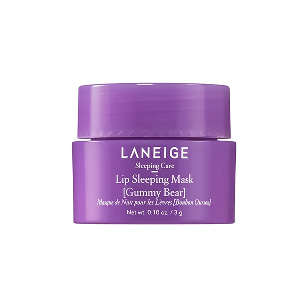 LANEIGE Lip Sleeping Mask in Gummy Bear, in a purple jar with a matching purple lid, on a plain white background.