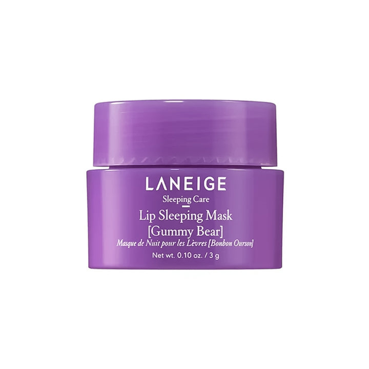 LANEIGE Lip Sleeping Mask in Gummy Bear, in a purple jar with a matching purple lid, on a plain white background.