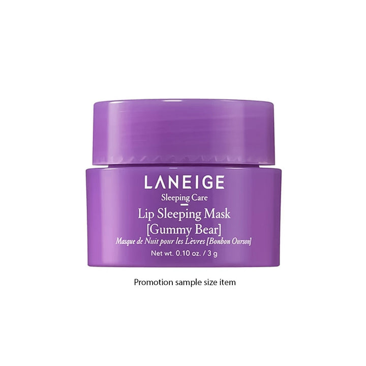 LANEIGE Lip Sleeping Mask in Gummy Bear packaging, a purple jar with white text, shown on a white background with a &