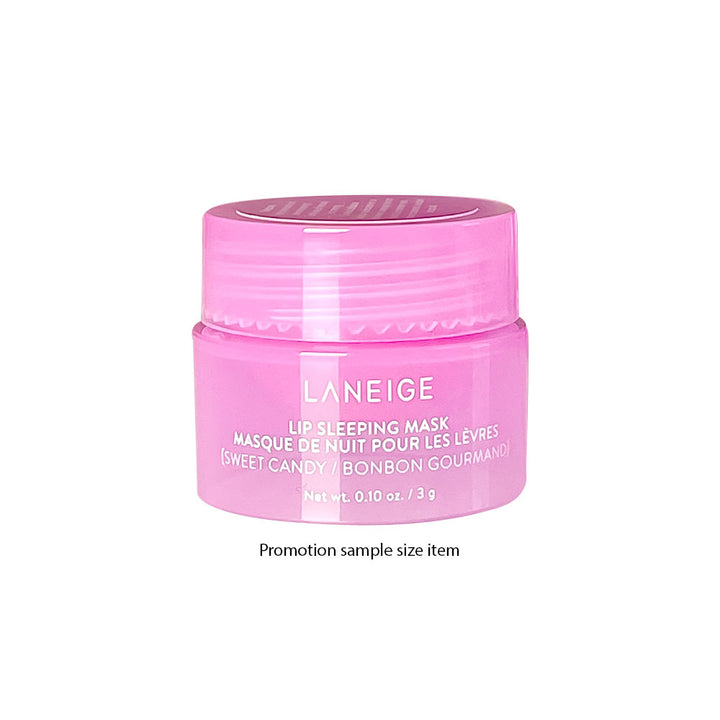 A pink jar of Laneige Lip Sleeping Mask on a white background with the text &